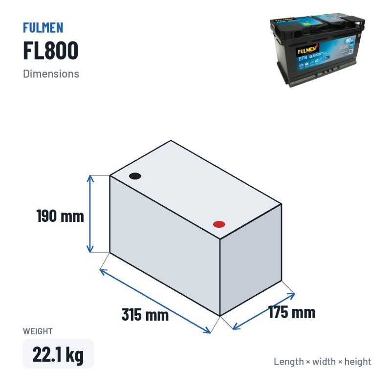 Bateria Start-Stop Fulmen FL800 12V 80Ah 800A EFB – medidas 315 × 175 × 190 mm