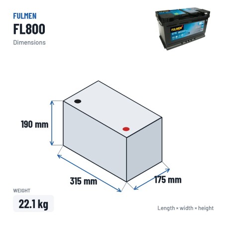 Bateria Start-Stop Fulmen FL800 12V 80Ah 800A EFB – medidas 315 × 175 × 190 mm