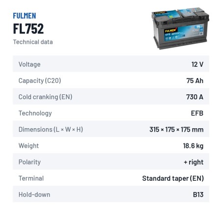 Bateria Start-Stop Fulmen FL752 12V 75Ah 730A EFB – ficha técnica