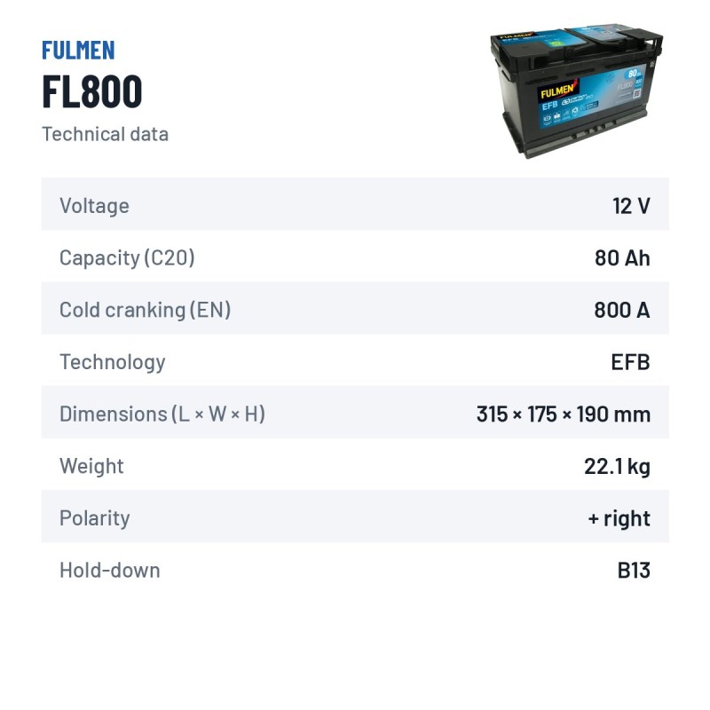 Bateria Start-Stop Fulmen FL800 12V 80Ah 800A EFB – ficha técnica