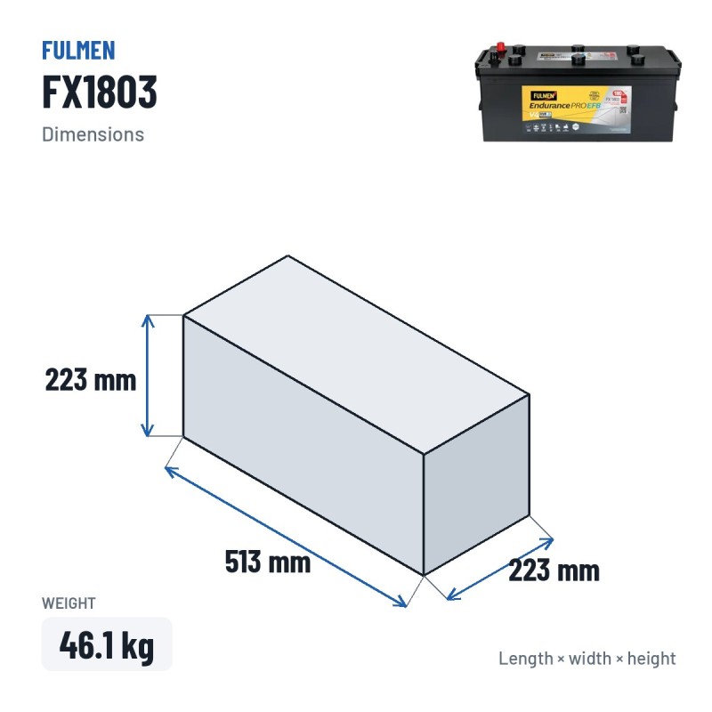 Truck battery Fulmen FX1803 12V 180Ah 1000A EFB – dimensions 513 × 223 × 223 mm