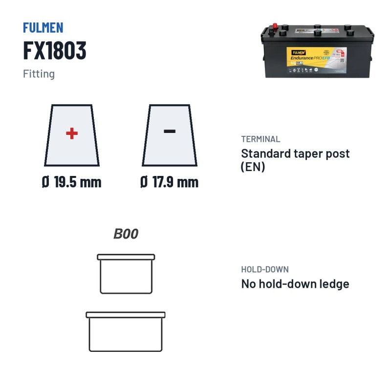 Truck battery Fulmen FX1803 12V 180Ah 1000A EFB – terminal and hold-down