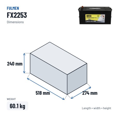 LKW-Batterie Fulmen FX2253 12V 225Ah 1150A EFB – Abmessungen 518 × 274 × 240 mm