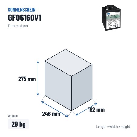 Traktionsbatterie Sonnenschein GF06160V1 6V 196Ah GEL – Abmessungen 246 × 192 × 275 mm