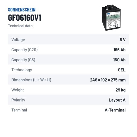 Traction battery Sonnenschein GF06160V1 6V 196Ah GEL | baterias.com