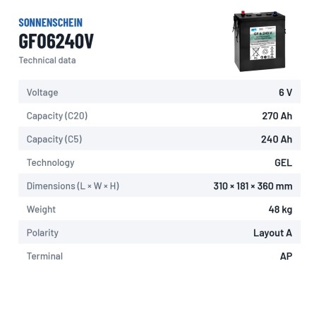 Batterie de traction Sonnenschein GF06240V 6V 270Ah GEL – fiche technique