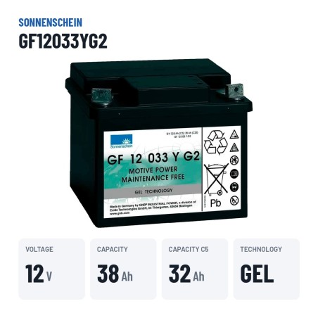 Batería cíclica Sonnenschein GF12033YG2 12V 38Ah GEL – datos clave