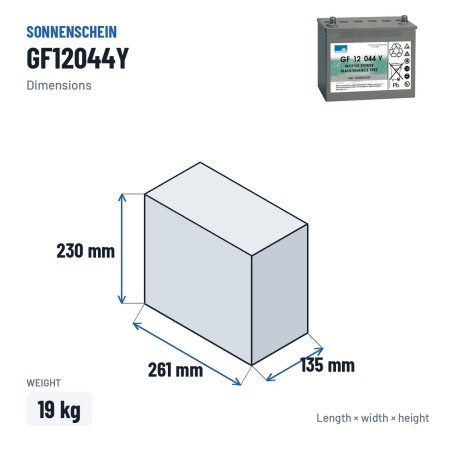 Bateria cíclica Sonnenschein GF12044Y 12V 50Ah GEL – medidas 261 × 135 × 230 mm