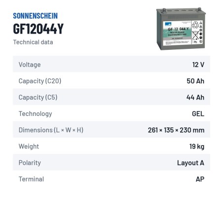 Batteria a ciclo profondo Sonnenschein GF12044Y 12V 50Ah GEL – scheda tecnica