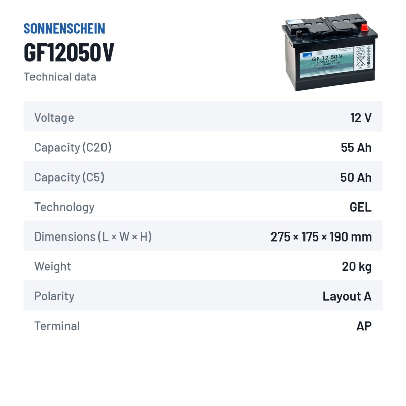 Batteria a trazione Sonnenschein GF12050V 12V 55Ah GEL – scheda tecnica