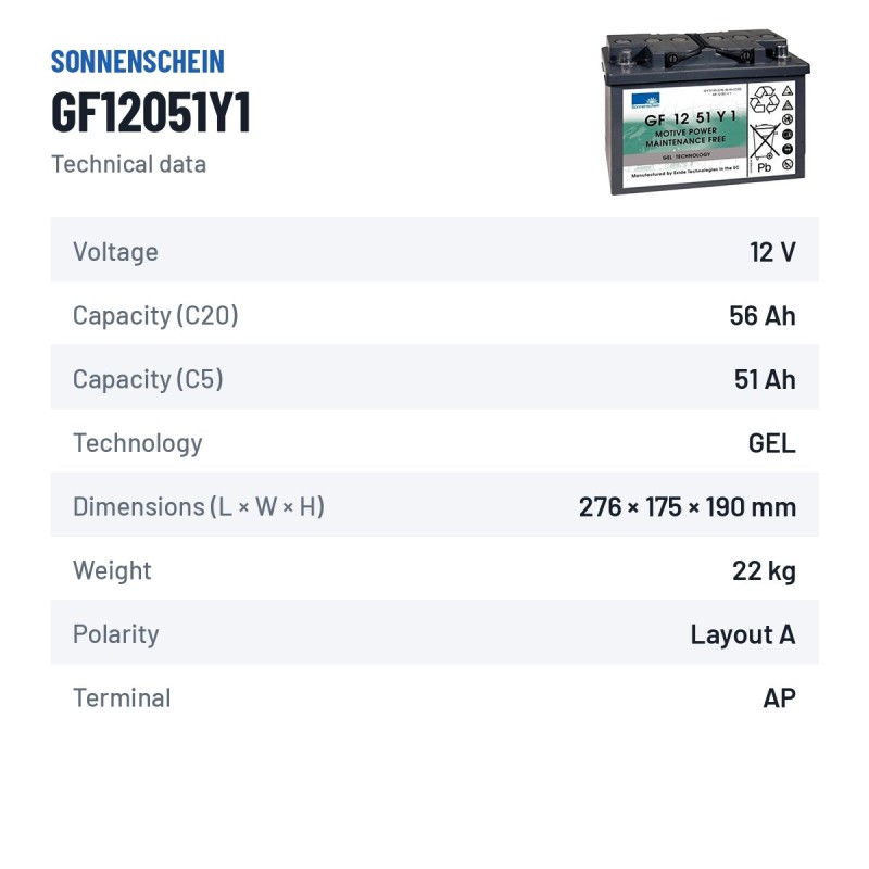 Deep-cycle battery Sonnenschein GF12051Y1 12V 56Ah GEL – technical data
