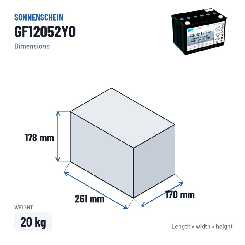 Batteria a ciclo profondo Sonnenschein GF12052YO 12V 60Ah GEL – dimensioni 261 × 170 × 178 mm