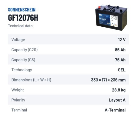 Traction battery Sonnenschein GF12076H 12V 86Ah GEL – technical data