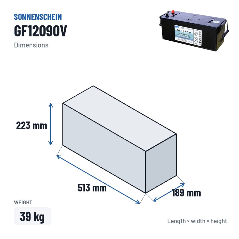 Batterie de traction Sonnenschein GF12090V 12V 96Ah GEL – dimensions 513 × 189 × 223 mm