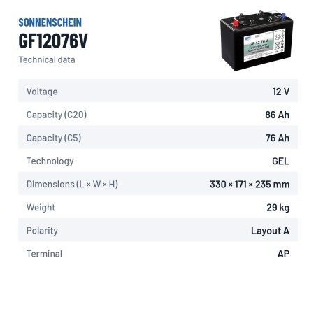 Batteria a trazione Sonnenschein GF12076V 12V 86Ah GEL – scheda tecnica