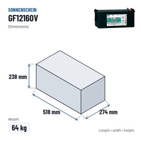 Batterie de traction Sonnenschein GF12160V 12V 196Ah GEL – dimensions 518 × 274 × 238 mm