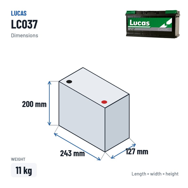 Batteria auto Lucas LC037 12V 36Ah 300A – dimensioni 243 × 127 × 200 mm