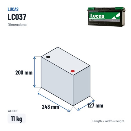Batería de coche Lucas LC037 12V 36Ah 300A – medidas 243 × 127 × 200 mm