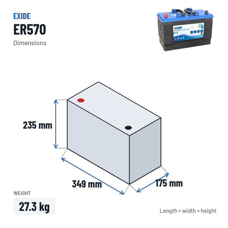 Bateria náutica Exide ER570 12V 120Ah 760A – medidas 349 × 175 × 235 mm