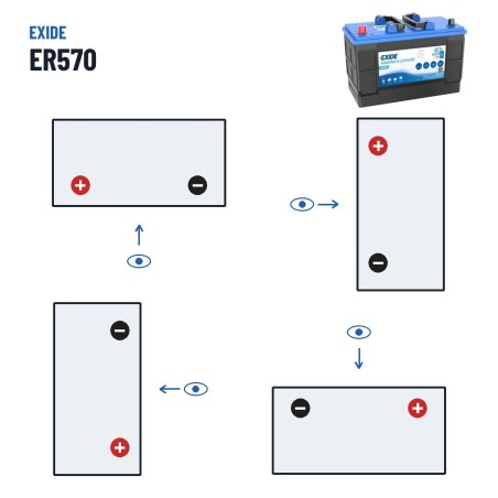 Bateria náutica Exide ER570 12V 120Ah 760A – polaridade (esquema 1, + esquerda)