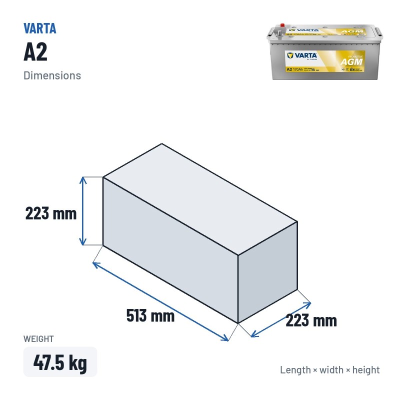 Batterie camion Varta A2 12V 170Ah 1000A AGM – dimensions 513 × 223 × 223 mm