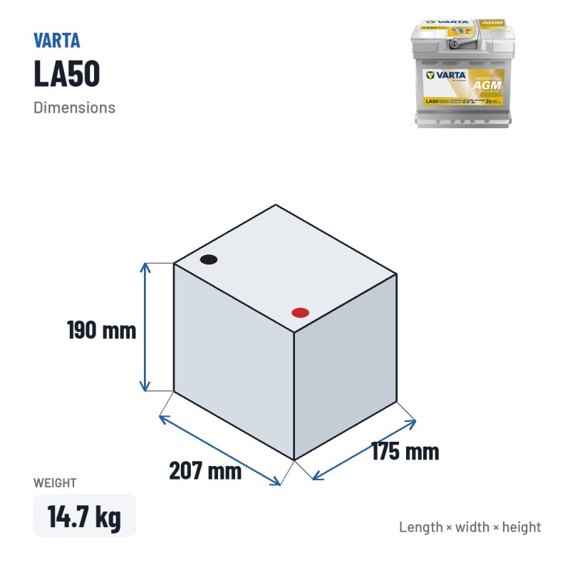 Marine battery Varta LA50 12V 50Ah 540A AGM – dimensions 207 × 175 × 190 mm
