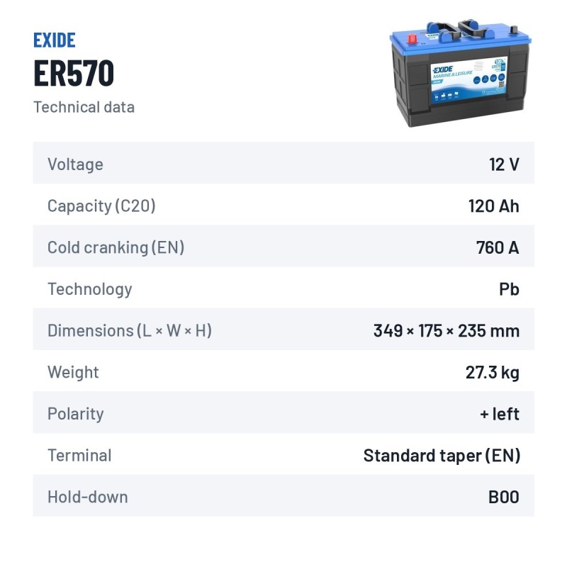 Bateria náutica Exide ER570 12V 120Ah 760A – ficha técnica