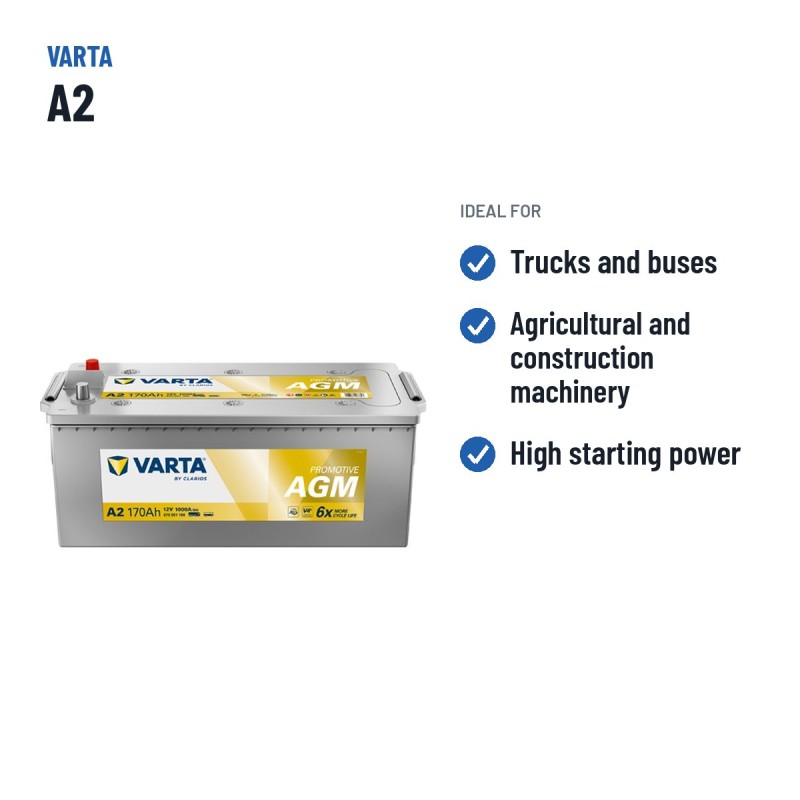 Batterie camion Varta A2 12V 170Ah 1000A AGM – utilisations recommandées