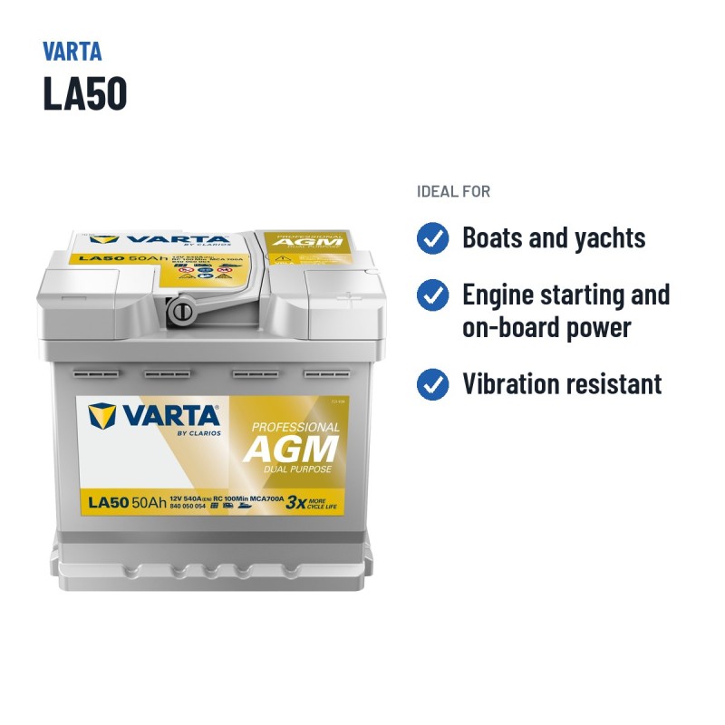 Batterie marine Varta LA50 12V 50Ah 540A AGM – utilisations recommandées