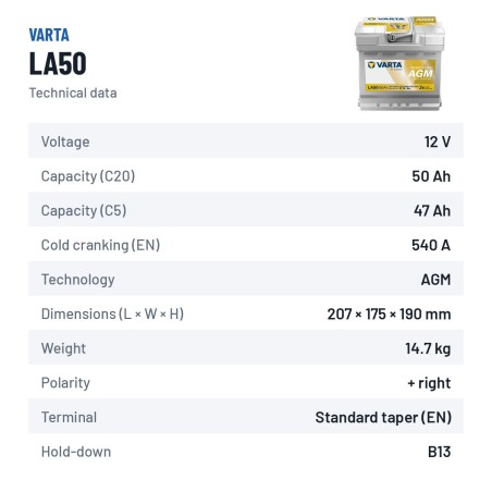 Batteria nautica Varta LA50 12V 50Ah 540A AGM – scheda tecnica