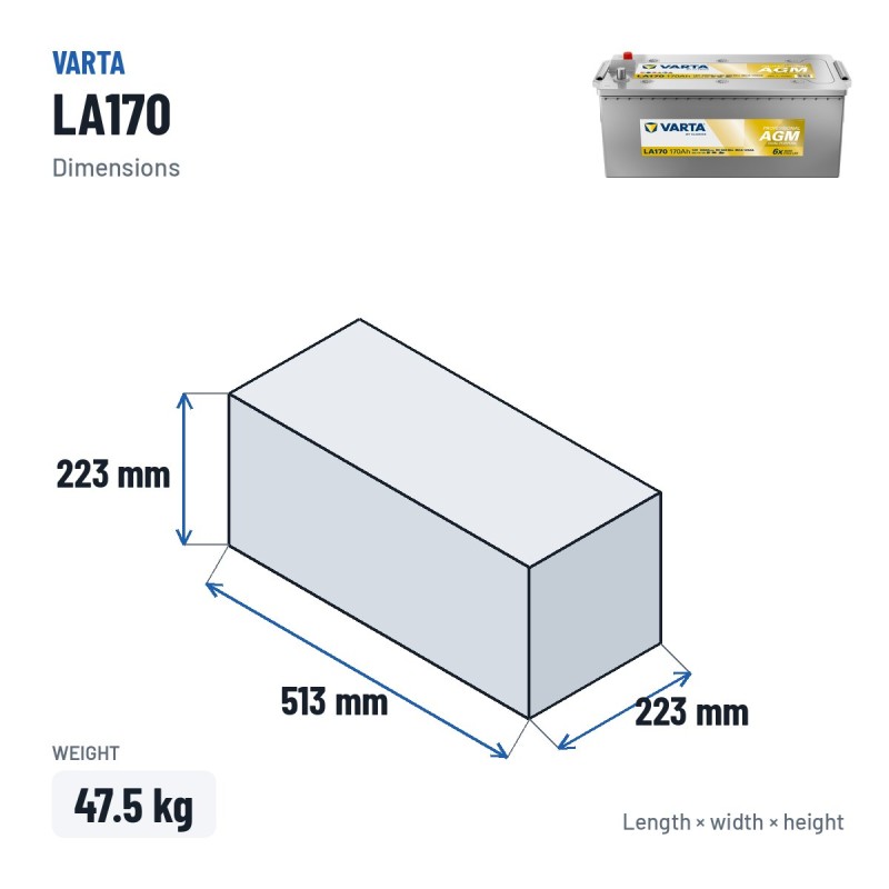 Marine battery Varta LA170 12V 170Ah 1000A AGM – dimensions 513 × 223 × 223 mm