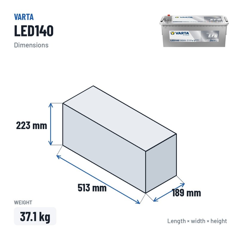 Marine battery Varta LED140 12V 140Ah 800A EFB – dimensions 513 × 189 × 223 mm