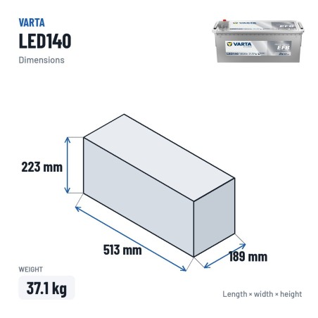 Marine battery Varta LED140 12V 140Ah 800A EFB – dimensions 513 × 189 × 223 mm