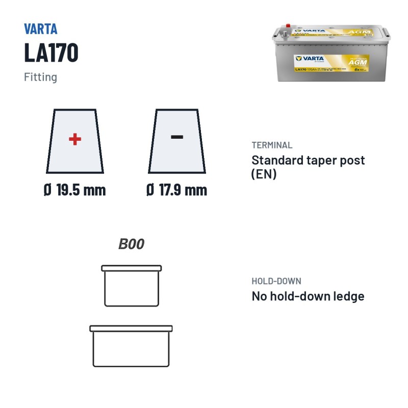 Marine battery Varta LA170 12V 170Ah 1000A AGM – terminal and hold-down