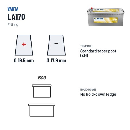 Marine battery Varta LA170 12V 170Ah 1000A AGM – terminal and hold-down