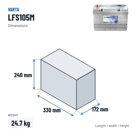 Bateria náutica Varta LFS105M 12V 105Ah 800A – medidas 330 × 172 × 240 mm