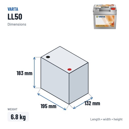 Bootsbatterie Varta LL50 12.8V 50Ah Li-Ion – Abmessungen 195 × 132 × 183 mm