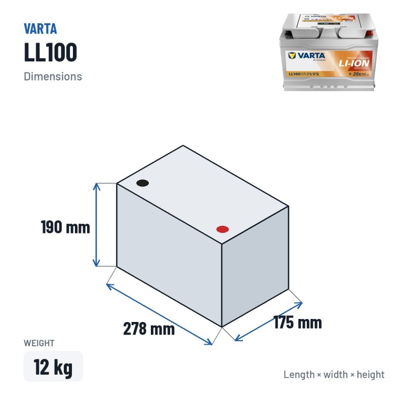Batterie marine Varta LL100 12.8V 100Ah Li-Ion – dimensions 278 × 175 × 190 mm
