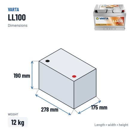 Batterie marine Varta LL100 12.8V 100Ah Li-Ion – dimensions 278 × 175 × 190 mm
