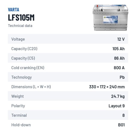 Bateria náutica Varta LFS105M 12V 105Ah 800A – ficha técnica