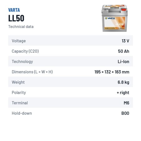 Batteria nautica Varta LL50 12.8V 50Ah Li-Ion – scheda tecnica