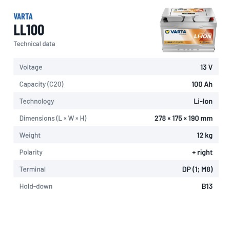 Batería náutica Varta LL100 12.8V 100Ah Li-Ion – ficha técnica