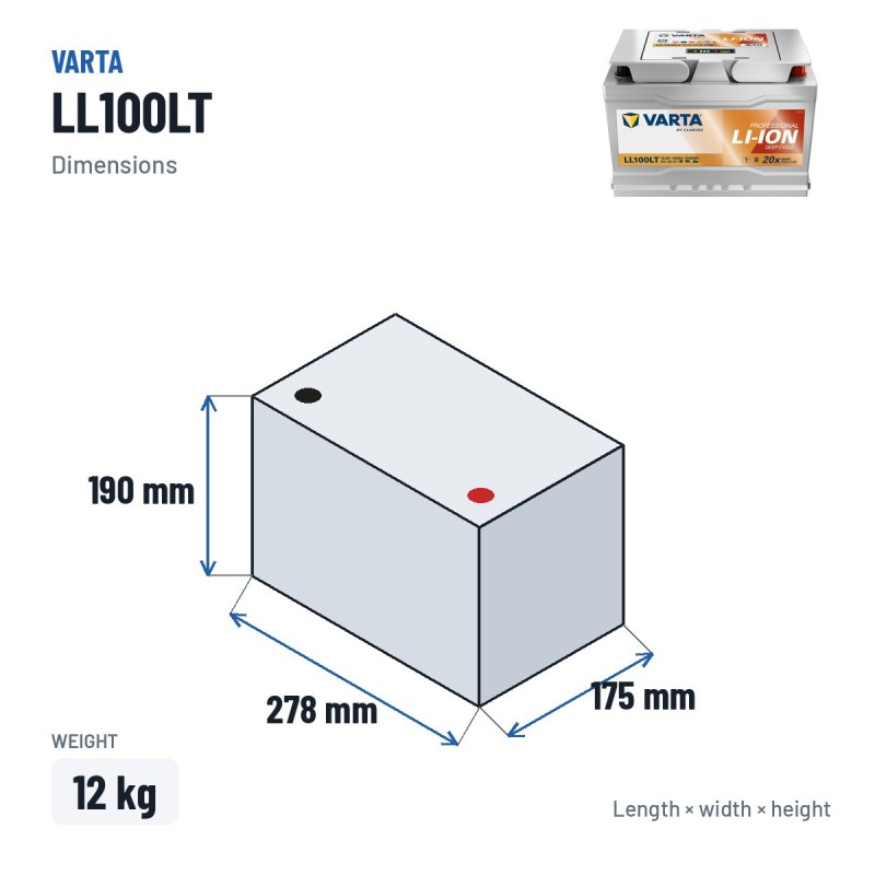Bateria náutica Varta LL100LT 12.8V 100Ah Li-Ion – medidas 278 × 175 × 190 mm