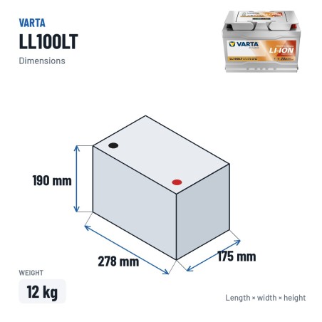Batterie marine Varta LL100LT 12.8V 100Ah Li-Ion – dimensions 278 × 175 × 190 mm