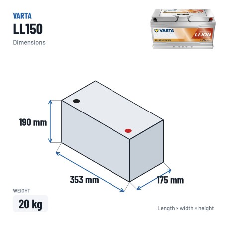 Batteria nautica Varta LL150 12.8V 150Ah Li-Ion – dimensioni 353 × 175 × 190 mm