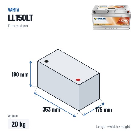 Batería náutica Varta LL150LT 12.8V 150Ah Li-Ion – medidas 353 × 175 × 190 mm