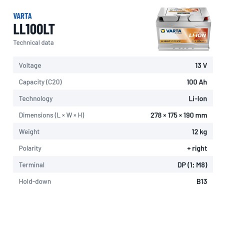 Bateria náutica Varta LL100LT 12.8V 100Ah Li-Ion – ficha técnica