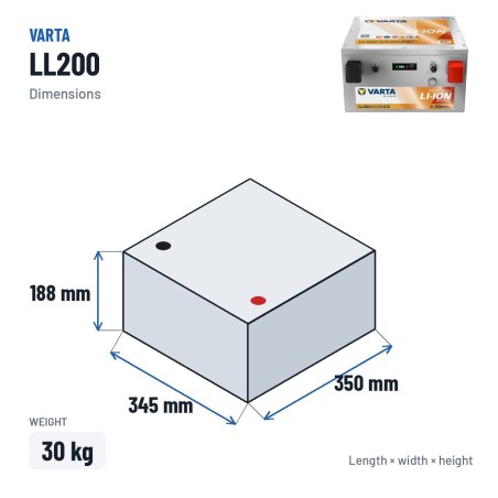 Bateria náutica Varta LL200 12.8V 200Ah Li-Ion – medidas 345 × 350 × 188 mm