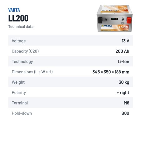 Bateria náutica Varta LL200 12.8V 200Ah Li-Ion – ficha técnica