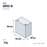 Batteria moto Exide AGM12-15 12V 14Ah 215A AGM – dimensioni 150 × 90 × 160 mm